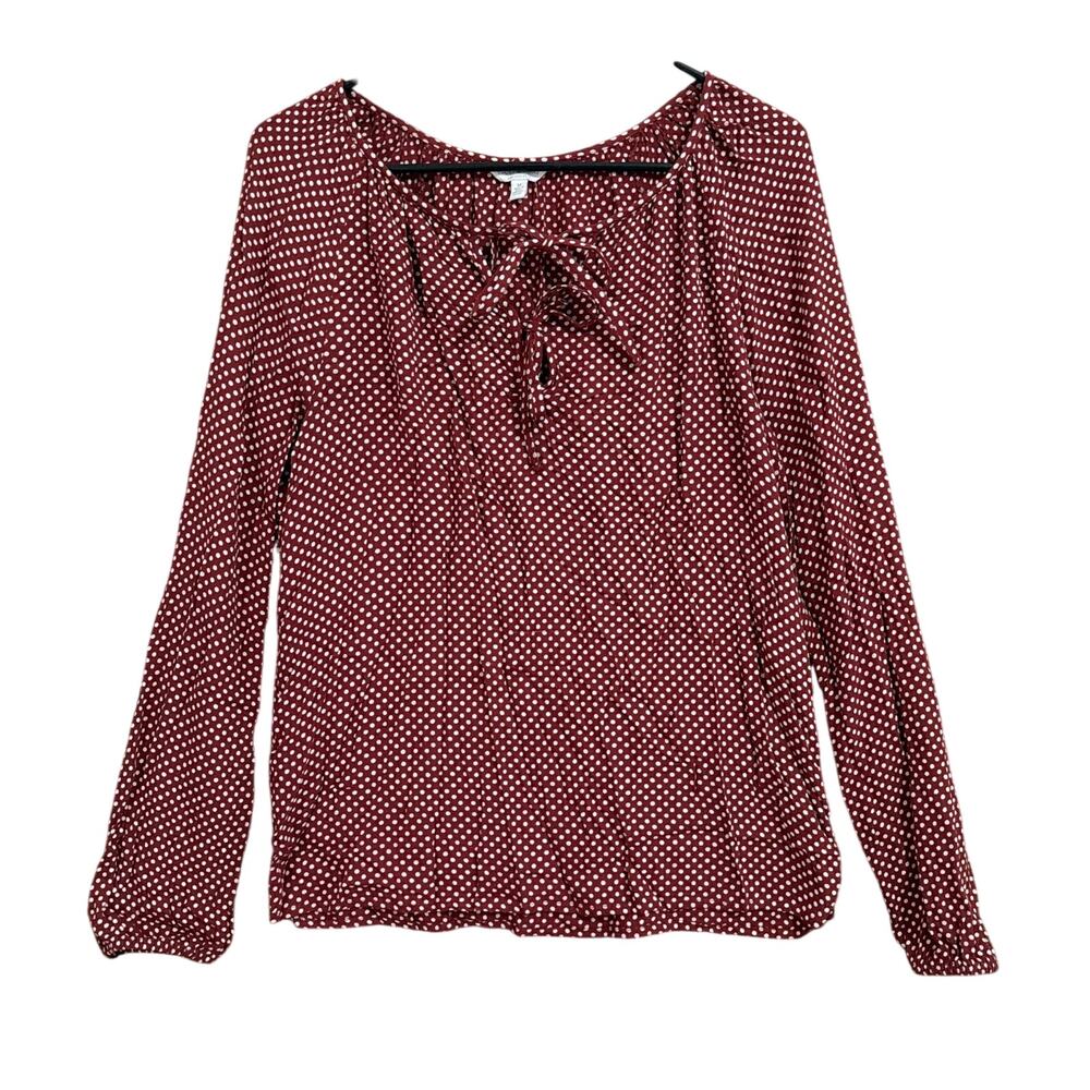 Lucky Brand Womens Blouse Red White Polka Dot V Neck Long Sleeve Medium